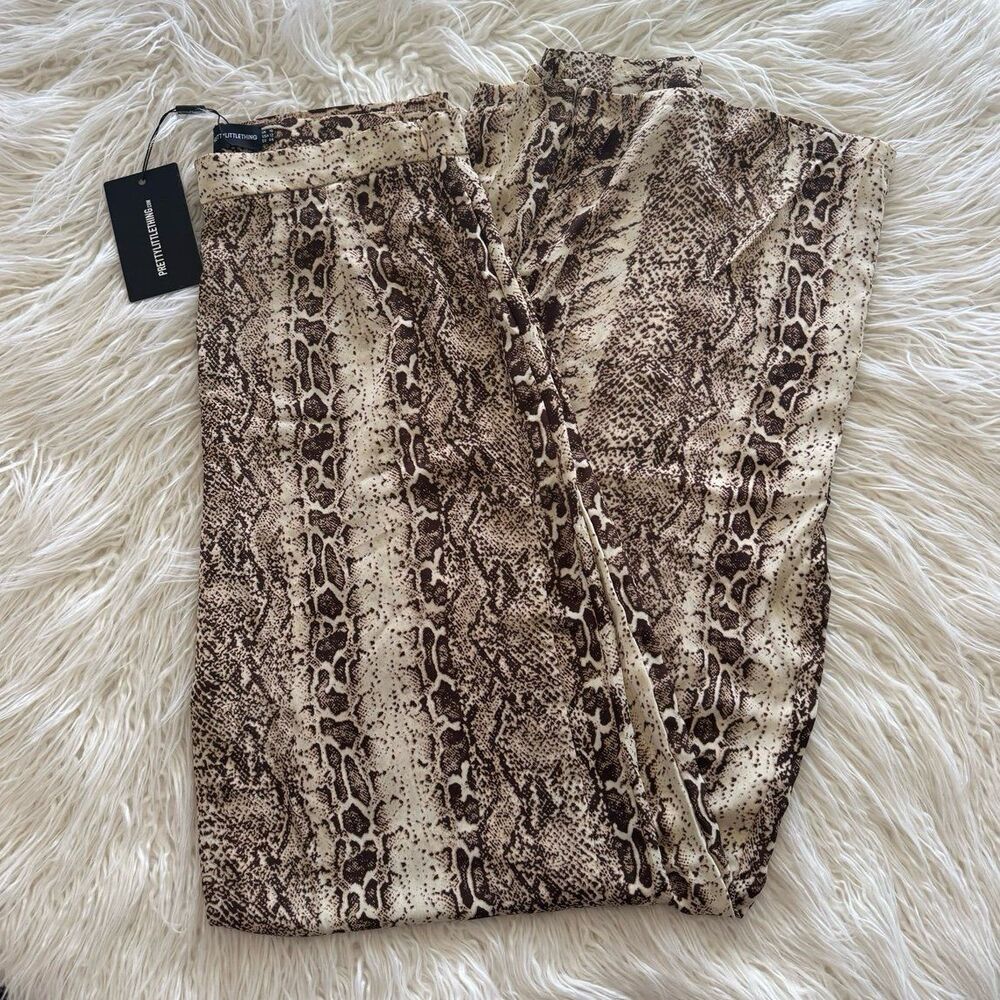 PrettyLittleThing Brown Snake Print Wide Leg Trousers Pants Size 12